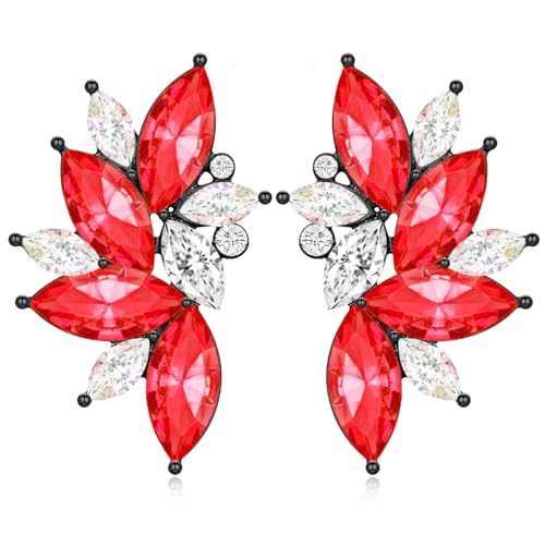 Bohemian Statement Sparkly Colourful Fancy Rhinestone Crystal Flower Dangle Drop Stud Earrings Vintage Wedding Bridal Prom Earrings for Women - color: White Red