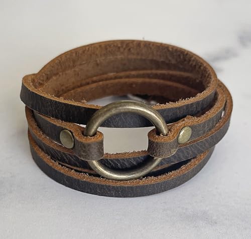 SPUNKYsoul Buckle or 5 Wrap Leather Circle Bracelet - Handmade Adjustable Leather Wrap Bracelet for Women & Men, Unique Distressed Stackable Jewelry with Symbolic Circle for Everyday Wear & Gifting - style: Men's Brown