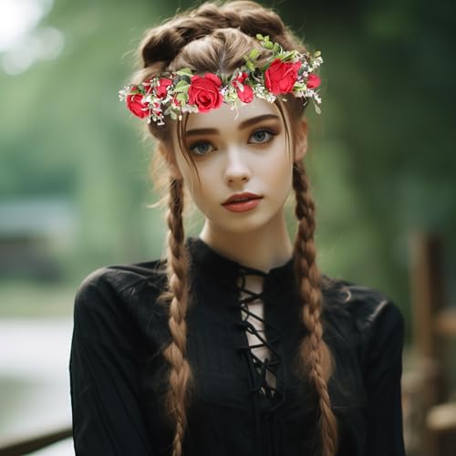 Vivivalue Women Flower Crown Rose Floral Headband Hair Wreath Floral Headpiece Halo Boho with Ribbon Wedding Party Red - color: 70