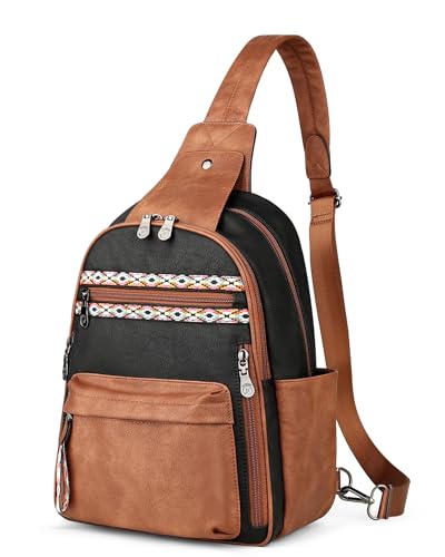 FADEON Large Sling Bag for Women, Leather Crossbody Purse Designer Anti Theft Sling Backpack, RFID Fanny Packs for Travel - color: Retro Black With Brown