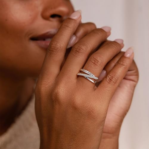 FISSEN JEWELRY Gold Rings for Women, Non Tarnish Dainty 14k Gold Plated Silver CZ Cross Ring Cute Cubic Zirconia Pinky Thumb Stackable Band Silver Finger Rings Size 6-10 Jewelry for Her - color: Silver Diamond Multi Layer