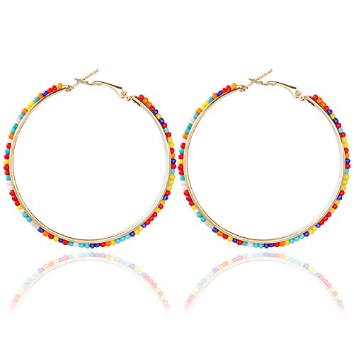 2 Pairs Bohemian Colorful Beads Circle Round Hoop Earrings Gold Hoop Dangle Earrings for Women Vintage Boho Jewelry - color: colorful