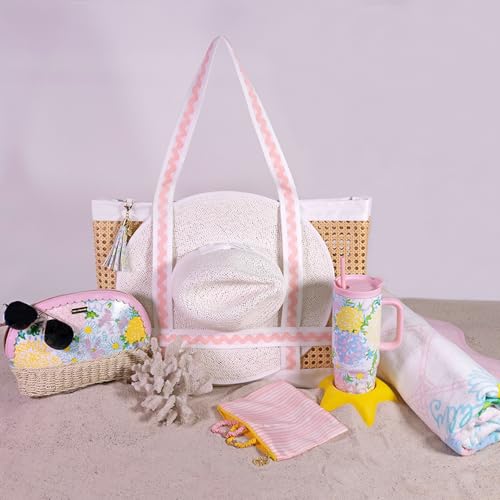 Lilly Pulitzer Travel Tote Bag with Hat Holder Strap, Caning Beach Bag with Tassel Keychain - color: Lilly Garden Home