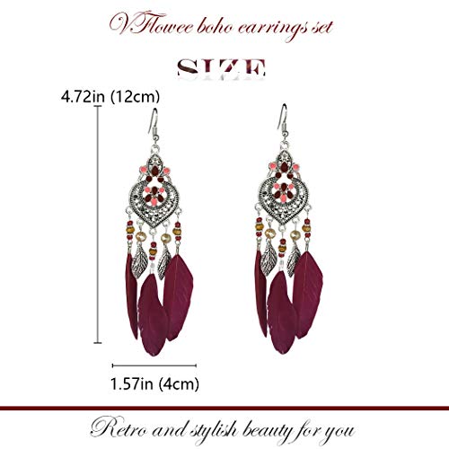 Bohemian Earrings Feather Tassel Silver Ethnic Retro Boho Dangle Earring Bead Women Jewelry for Birthday Party Gifts (Red) - color: Red
