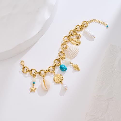 Gold Charm Bracelet for Women Boho Adjustable Shell Starfish Bracelet Summer Beach Ocean Statement Bracelets - color: Ocean charms bracelet