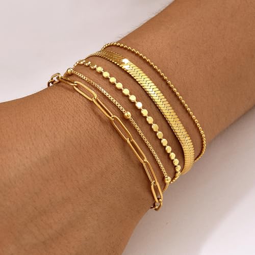 Gold Bracelets for Women, 14K Gold Plated Stackable Bracelet Stack Set Adjustable Charm Paperclip Chain Snake Link Layered Waterproof Jewelry Sets Gifts - style: Bracelets Set /6