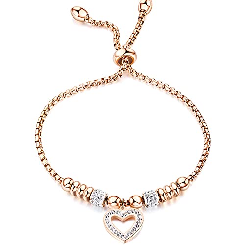 Jude Jewelers Stainless Steel Heart Charm Adjustable Size Beaded Strand Style Wedding Statement Holiday Bracelet - color: Rose Gold