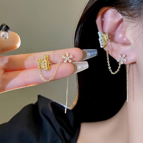 Gold Butterfly Floral Ear Cuff 1 Pair Chain Earrings Sparkling Zircon No Piercing Clip On Elegant Design for Women Everyday Casual Party Wear