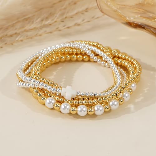 Silver Gold Beaded Bracelets for Women Stackable 14K Gold Plated Beads Ball Cross Bracelet Stack Non Tarnish Elastic Stretch Trendy Jewelry Christian Friendship Christmas Gifts for Women - color: 6pcs-White Cross