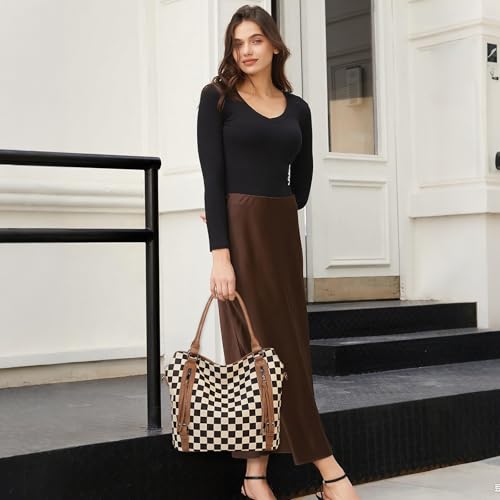 Women's PU Leather Checkered Shoulder Bag with Wallet Set, Large Capacity Tote Crossbody Bag for Daily Use Travel Work