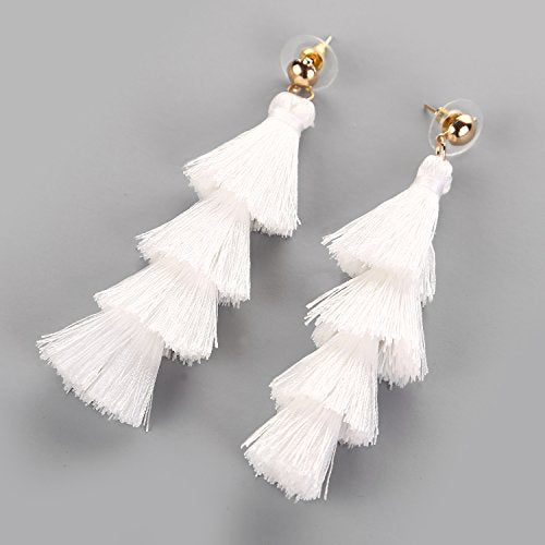 BaubleStar Tassel Earrings Handmade Tiered Thread Tassel Dangle Earrings, Multi Colors - color: White