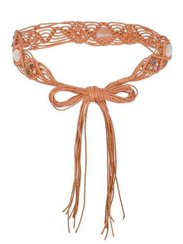 TeeYee Women's Waist Belt Adjustable Boho Style Handwoven Bohemia Tassel Rope Tie with Wooden Beads Braided Chain for Dress - color: 284tan
