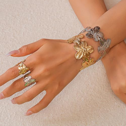 Boho Open Bracelet Ring Set for Women Black and Gold Jewelry Set Oval Cuff Bracelet Adjustable Ring Vintage Jewelry - style: V-Gold