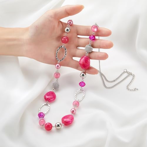 BULINLIN Beaded Long Necklace for Women Silver Sweater Chain Necklace with Crystal Resin Beads, Fashion Jewelry Necklace - color: Hot Pink