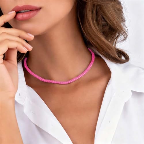 Boho Beaded Choker Necklace Colorful Short Necklaces Summer Beach Necklaces Jewelry for Women - color: Pink