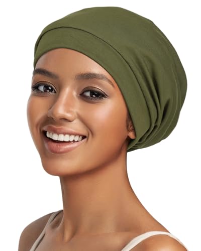 Satin Lined Beanie for Natural Hair Thin Beanie Hats for Girls Head Cover - color: Olive Green