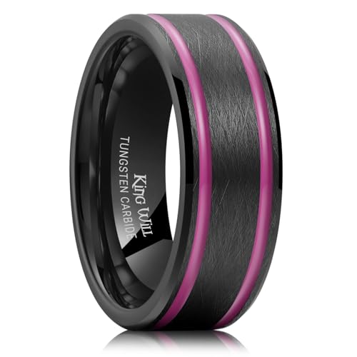 King Will Mens Tungsten Rings for Men Two Tone Grooved Mens Wedding Band Cool - color: Black & Purple Two Groove