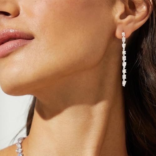 LLWOM 14K Gold/White Gold Plated CZ/Flower/North Star/Leaf Dangle Drop Earrings Studs for Women, Statement Earrings for Wedding Party Prom, Hypoallergenic Jewelry Gift - color: Silver CZ
