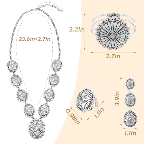 4 PCS Western Turquoise Jewelry for Women Boho Vintage Navajo Pearl Necklace Earring Bracelet Ring Set Country Cowgirl Accessories for Gift - color: J-Silver