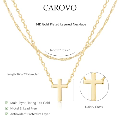 CAROVO Gold Necklace for Women Dainty 14K Gold Plated Choker Cross Flower Cubic Zirconia Necklaces Simple Layered Gold Chain Trendy Jewelry Gifts for Women - style: A:Layered Cross Necklace