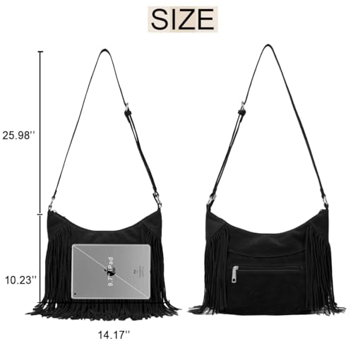 Sunwel Fashion Women Fringe Hobo Bag Western Purse Shoulder Bag Vegan Suede Tassel Hippie Crossbody Bag - color: Black