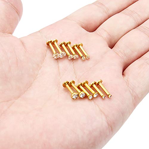 SCERRING 6 Pairs 14G Stainless Steel Clear CZ Internally Threaded Labret Monroe Lip Tragus Cartilage Helix Earring Ring Body Piercing Jewelry 6-10mm - style: 8mm Gold