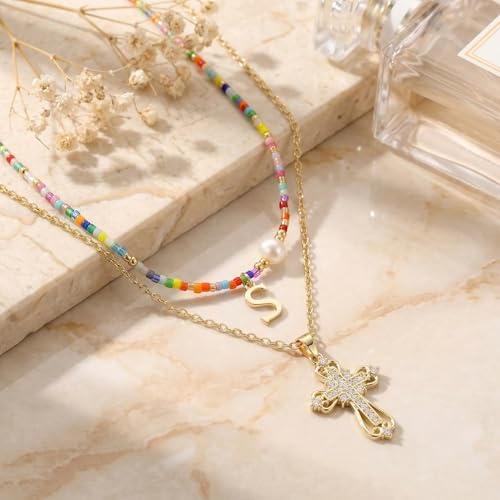 Colorful Pearl Beaded Initial Choker Necklaces for Women, Boho Handmade Personalized Seed Beads Letter Name Necklace Beach Surfer Bohemian Jewelry Gift - color: Cross S