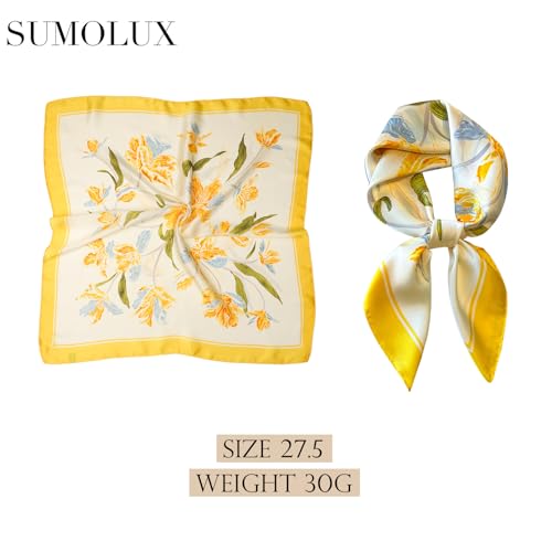 Sumolux Head Hair Scarf for Women Like Satin Silk Scarf Bandana Hair Wrapping Night Large Square Scarves 27.5" - color: Yellow Flowers