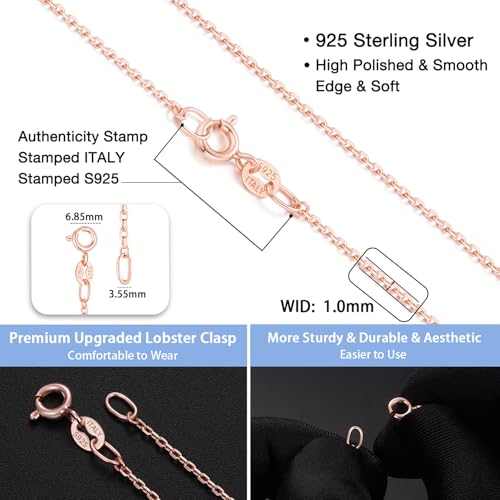 Jewlpire 18k Gold Plated 925 Sterling Silver Chain Necklace for Women, 1mm Cable Chain Necklace Sturdy & Shiny Women's Chain Necklaces 14 16 17 18 20 22 24 Inch - color: 18K Rose Gold Plated, size: 14 Inch