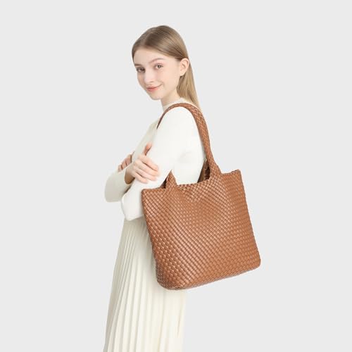 Woven Tote Bag for women,Vegan Leather Woven Satchel Handbag,Shoulder bag with Pouch,Hobo bag fits13-14” laptops - color: Brown