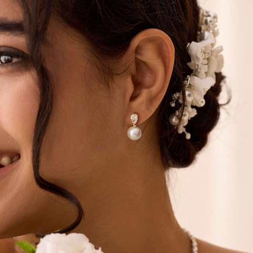 Pearl Earrings for Women, Dainty Wedding Bridal Earrings 14k Gold Plated CZ Pearl Drop Earrings for Women Trendy Hypoallergenic Unique Gold Drop Earrings Fashion Prom Jewelry - color: Gold-A