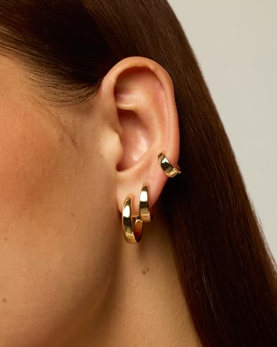PAVOI 18K Gold Plated 925 Sterling Silver Posts Small Hoop Earrings for Women - Trendy Geometric Plain Chunky Huggie Earscape Piercing Pack - Hypoallergenic Everyday Gold Hoop Earrings Set - style: Wide