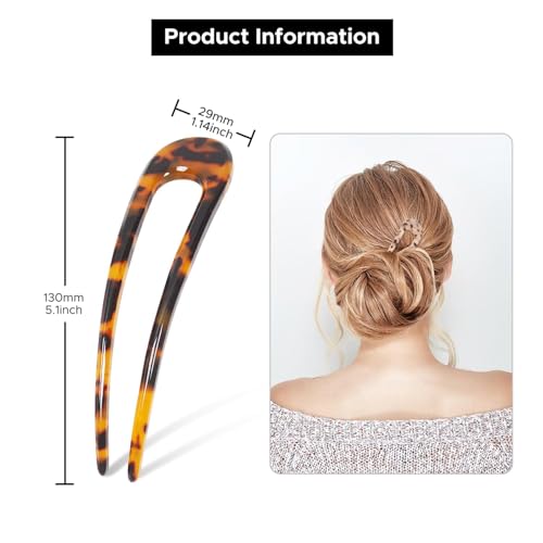 4 Pack Upgraded French Hair Pins Tortoise Shell U Shape Updo Hair Forks Clips for Thin Thick Hair,5.1 inch Classic Cellulose Acetate 2 Prong Bun Hair Sticks Chignon Women Vintage Hairstyle - color: 4P