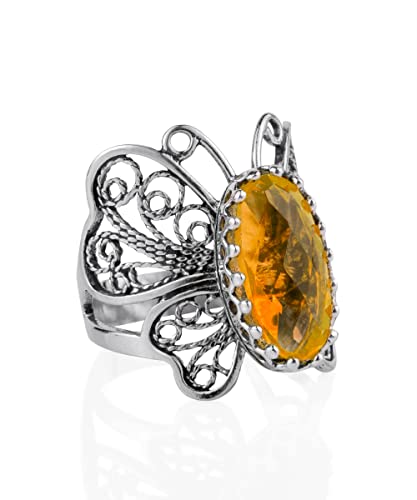 Filigranist Sterling Silver Filigree Art Butterfly Women Cocktail Ring with Gemstones - color: Citrine