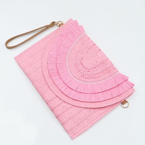 Crossbody Bags for Women, Straw Clutch Purses, Bohemian Handmade Woven Envelope Package, Tassel Handbags for Women | Bohemian - color: Pale Pink
