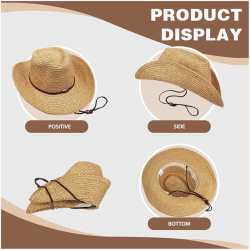 Straw Cowboy Hats Western Cowgirl Hat for Holiday Woven Beach Sun Hat with Shapeable Wide Brim Cowboy Hat for Women/Men - color: Khaki