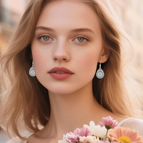 Silver Dangle Earrings For Women Trendy,Boho Cute Drop Western Earings,Vintage Gothic Ethnic Statement Beach Vacation Long Earrings with Leaf Teardrop Turquoise Crystal Tassels,Fashion Jewelry Birthday Gift. - color: A31) Drip Glaze Teardrop