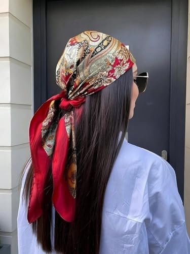 Head Scarf for Women Red Silk Bandana Pirate Costume Accessories, Pirate Head Scarf for Hair Wrapping and Sleeping 35 Inches - color: Black, Red