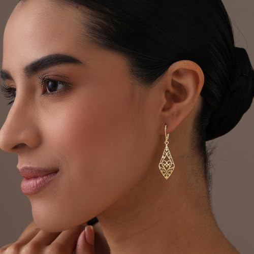 LeCalla 925 Sterling Silver Filigree Dangle Earrings for Women | Gold, Rose Gold & Rhodium Plated Diamond-Cut Filigree Drop Earrings | Lightweight Earrings Jewelry Gift - color: Yellow-Gold Filigree Drop