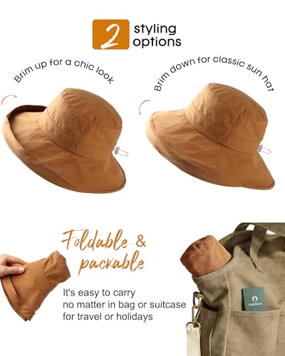 FURTALK Sun Hats for Women Wide Brim Ponytail Beach Sun Protection Hat with Fold-Up Brim Bucket Hat - color: Brown