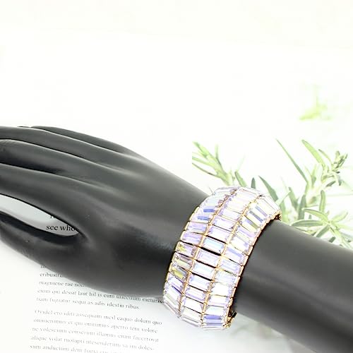 Women’s Wedding Bridal Crystal Leaf Flower Stretch Bangle Elastic Wide Bracelet Jewelry for Brides Bridesmaid - color: Style1-Violet-Gold Plated