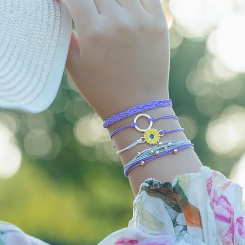 FANCY SHINY Easter Gifts Basket Stuffers Sunflower String Bracelet Boho Braided Rope Wrap Bracelets Cute Summer Beach Surfer Jewelry for Women - color: Purple