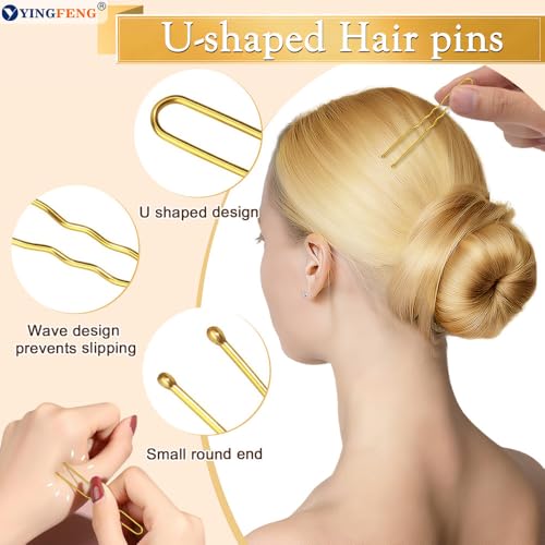 YINGFENG 134 Pcs Gold Hair Bun Maker Kit Medium - 4 Bun Hair Pieces for Women, 20 Hair Net for Buns, 100 Bobby Pins for Women, 10 Hair Bands, for Ballet Styling, Hair Accessories for Girls - color: gold, size: Medium