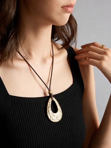 Kelake Leather Necklace for Women Men Teen Vinatge Boho Alloy Pendant Choker Jewelry Fashion Sweater Necklaces with Adjustable Genuine Leather Chain - color: Gold Pear-shaped Pendant
