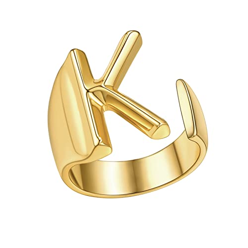 FindChic Customizable Initial Ring Statement 18K Gold Plated Fashion Cuff Rings for Women Alphabet Letter A to Z Resizable Knuckle Ring (with Gift Box) - color: K