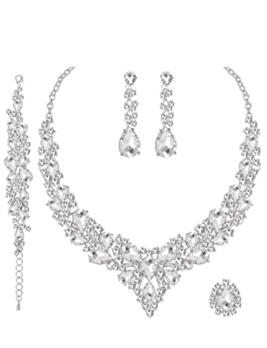 CSY 4 Pcs/Set Austrian Crystal Necklace Earrings Bracelet Ring Bridal Jewelry Sets for Brides Wedding Party Costume Accessories Gifts for Women - color: 02-white gold-white