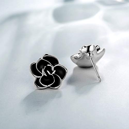AllenCOCO Rose Flower Stud Earrings for Women Sensitive Ears, Hypoallergenic Cute Gold And Silver Rose Flower Earrings Studs for Women Nickel Free - color: Black flower/White gold, size: 0.55