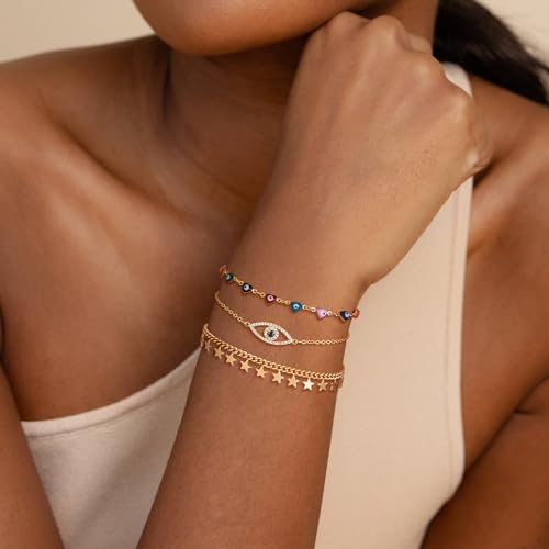 Dremmy Studios Gold Bracelet for Women 18K Gold Plated Dainty Paperclip Cubic Zirconia Disc Coin Star Cable Satellite Bead Pearl Simple Boho Minimalist Stacking Layered Link Jewelry Gift - color: Evil Eye A