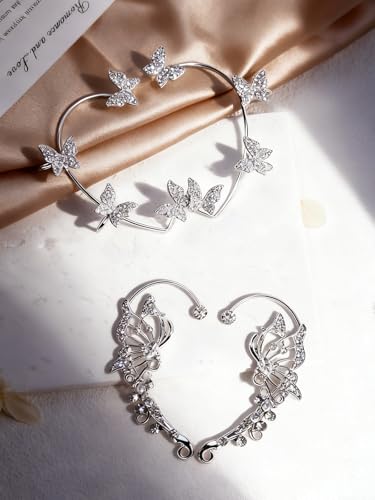 2Pcs Rhinestone Butterfly Earrings Ear Cuffs Non-Pierced Fake Earrings Butterfly Climber Wrap Around Earring Dainty Adjustable Ear Clip Jewelry for Women - color: StyleA-2 Pairs-Silver