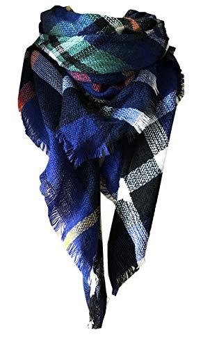 Wander Agio Womens Warm Long Shawl Winter Wraps Large Scarves Knit Cashmere Feel Plaid Triangle Scarf - color: Sapphire Blue 12